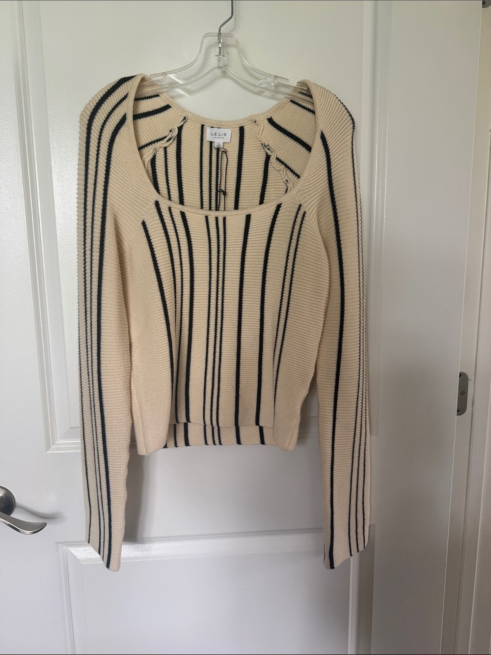 Le Lis Cream Sweater with Black Vertical Stripes